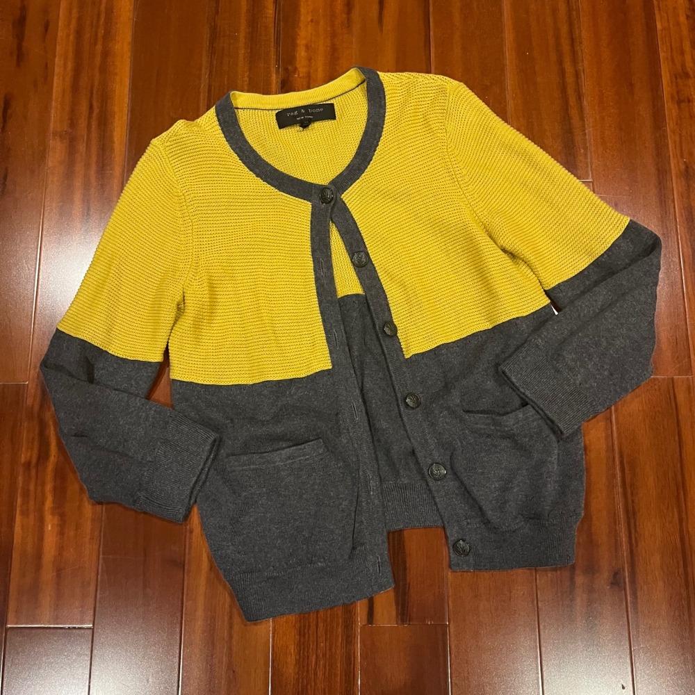 Rag Bone Cardigan Sweater Cashmere Color Block Yellow Gray Knit Button Medium